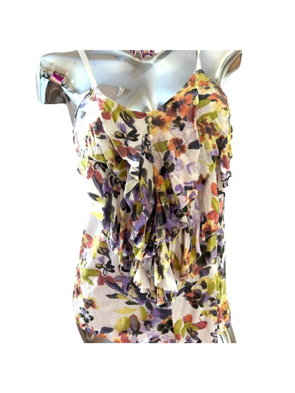 All Things Ruffle Tank Top Cami Women's XS Colorful Floral Romantic Feminine